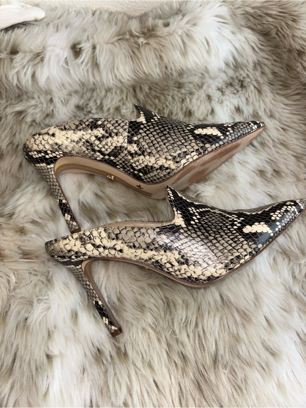 Sam Edelman Snake-Print Pointed Toe Stiletto Mules in Cream and Black